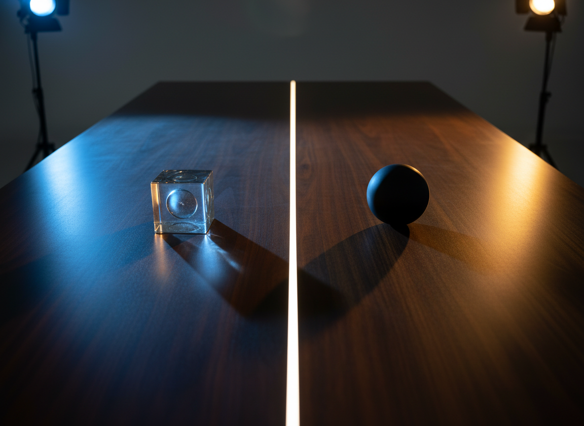A long, polished wooden table is cleanly divided by a razor-straight diagonal line of projected light, one side washed in cool bluish tones and the other in warm amber hues. On the cool side rests a transparent glass cube, its edges sharply defined; on the warm side, a perfectly smooth black sphere absorbs light. They sit equal distance from the dividing line, facing one another like silent arguments. Subtle studio spotlights from opposite directions accentuate their contrasting surfaces, creating crisp reflections and soft, elongated shadows. Photographic realism with a slightly elevated angle and strong geometric composition conveys an analytic, cerebral mood capturing the essence of opposing perspectives in dialogue.